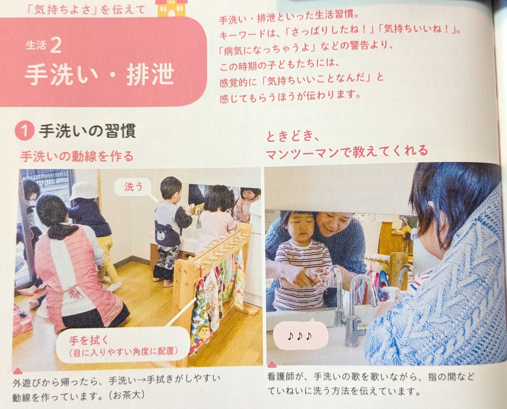 『日本が誇る！ていねいな保育　0・1・2歳児クラスの現場から』の手洗い・排泄のページの引用画像
